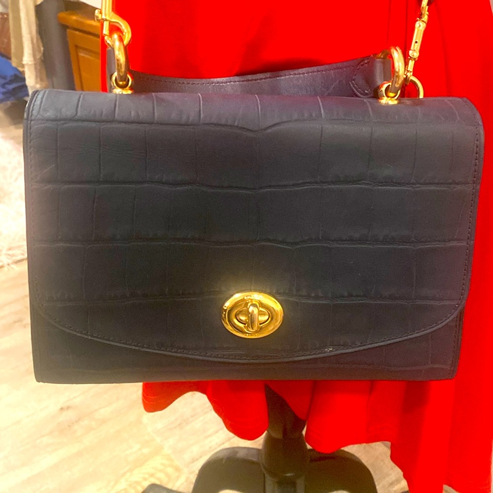 Coach crocodile-embossed and smooth leather midnight blue crossbody/satchel.